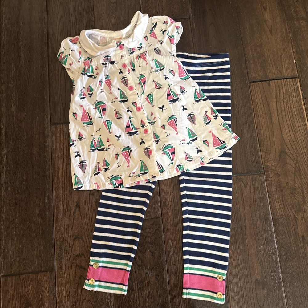 Gymboree White Pink Navy Nautical Sailboat A-Line Dress Peter Pan Leggings 5T 4T